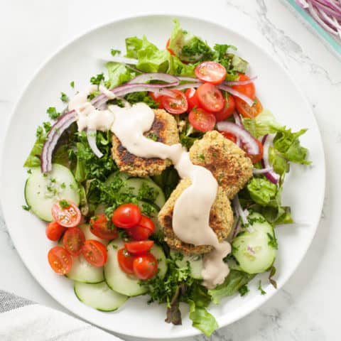 Fresh Greek Falafel Salad on White Plate
