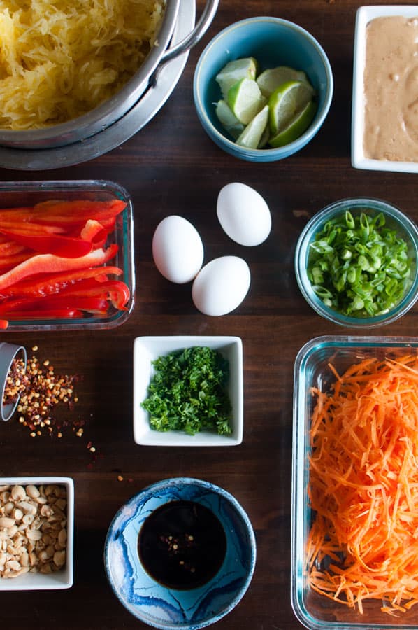 spaghetti squash pad thai ingredient photo of prepped veggies and sauce