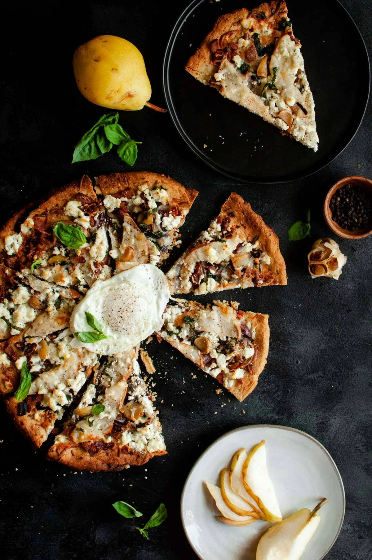pear & goat cheese pizza served with ove-reasy egg