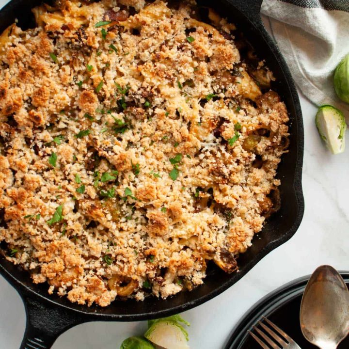 Chicken and Brussel Sprouts Casserole in cast iron skilled ready to be served