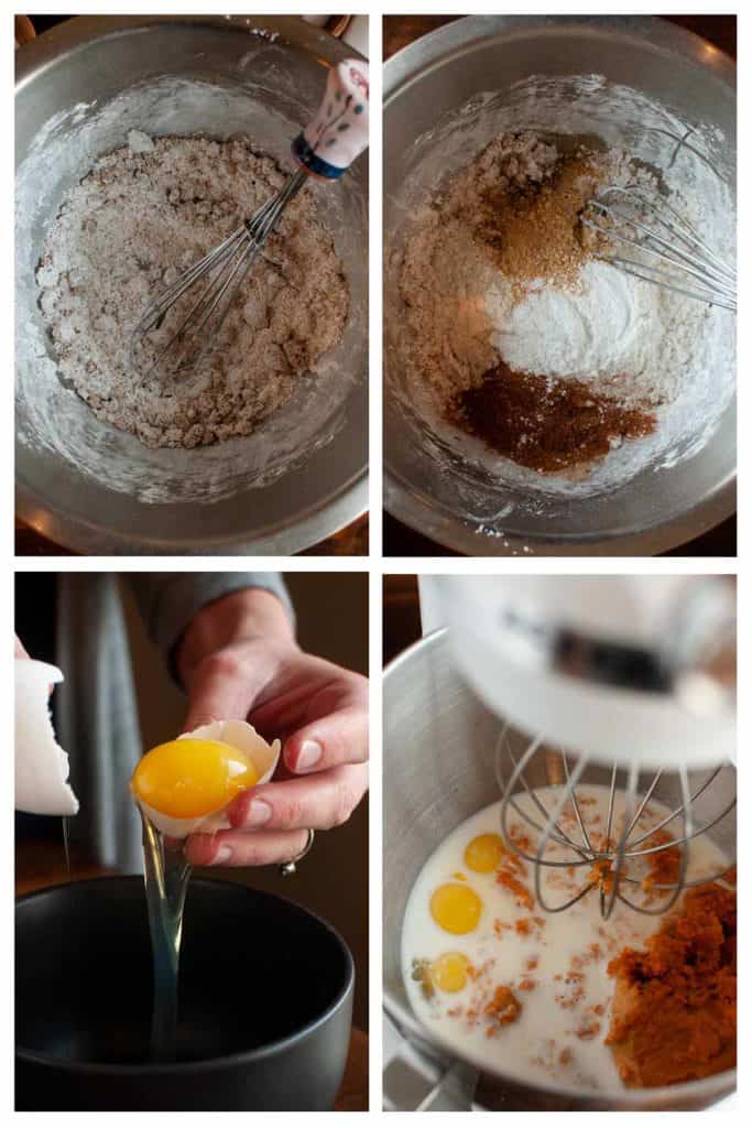 Belgian Pumpkin Waffle Recipe step photos: Mixing dry ingredients and whisking wet ingredients.