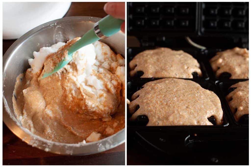 Pumpkin Belgian Waffle step photos: folding in the egg whites and cooking the waffles