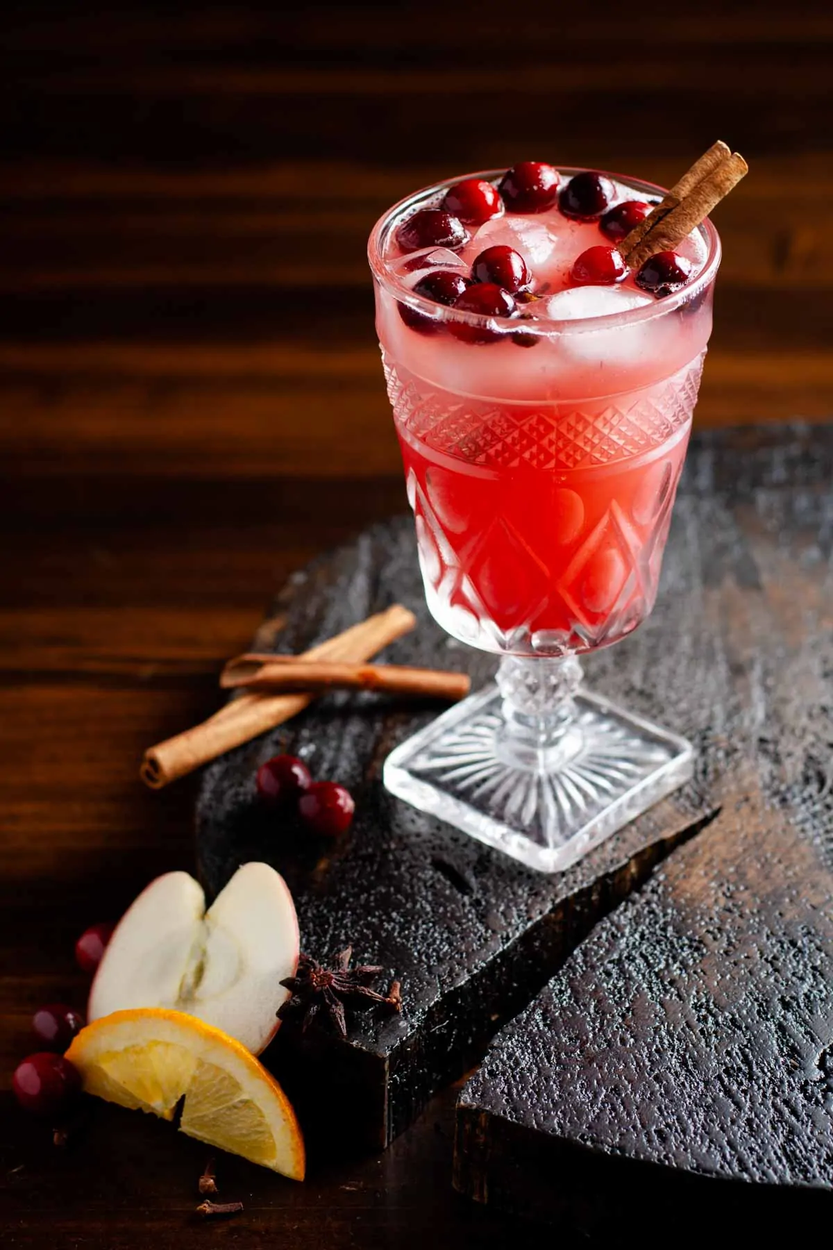 cranberry apple cider punch served in fancy glass with cinnamon stick and cranberry garnish