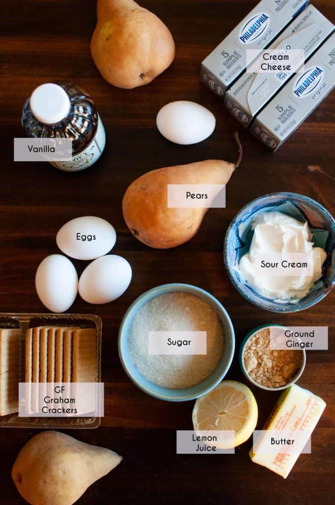 image of labeled ingredients needed for pear cheesecake