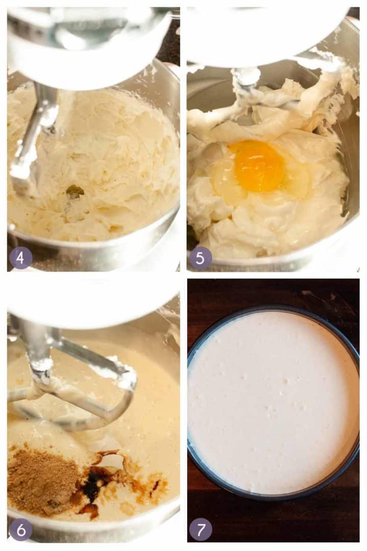 steps for making the cheesecake batter, whipping the cream cheese, adding the eggs, adding spices and putting into prepared pan.