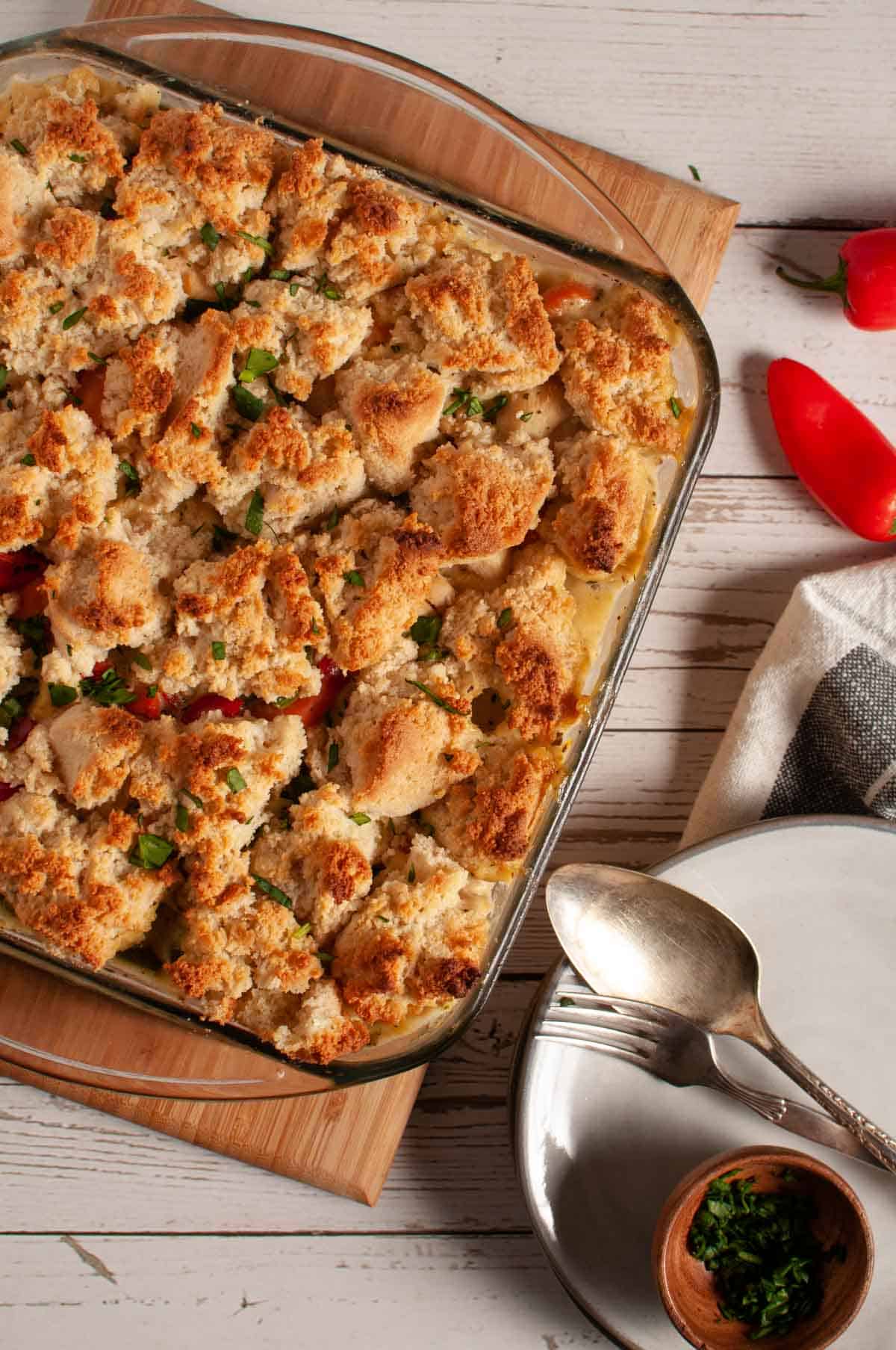 Grandma's chicken and biscuit casserole in baking dish ready to be served