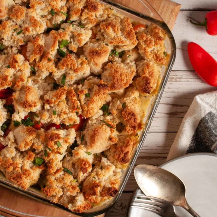 featured recipe card image for grandma's chicken and biscuit cobbler