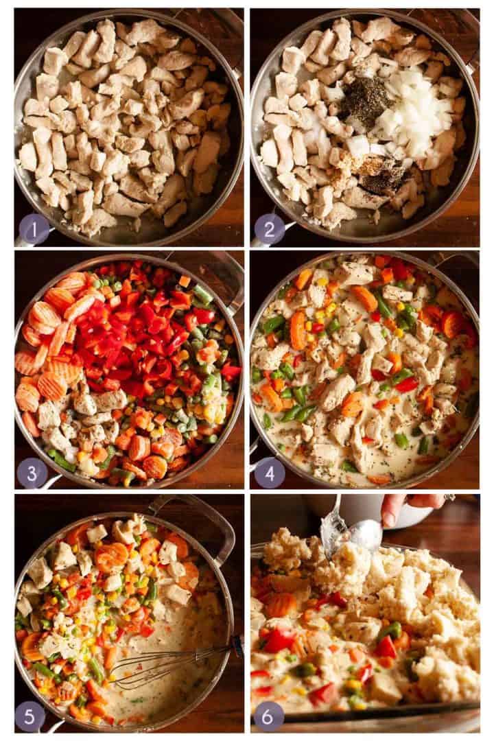 collage step photo for how to make chicken cobbler