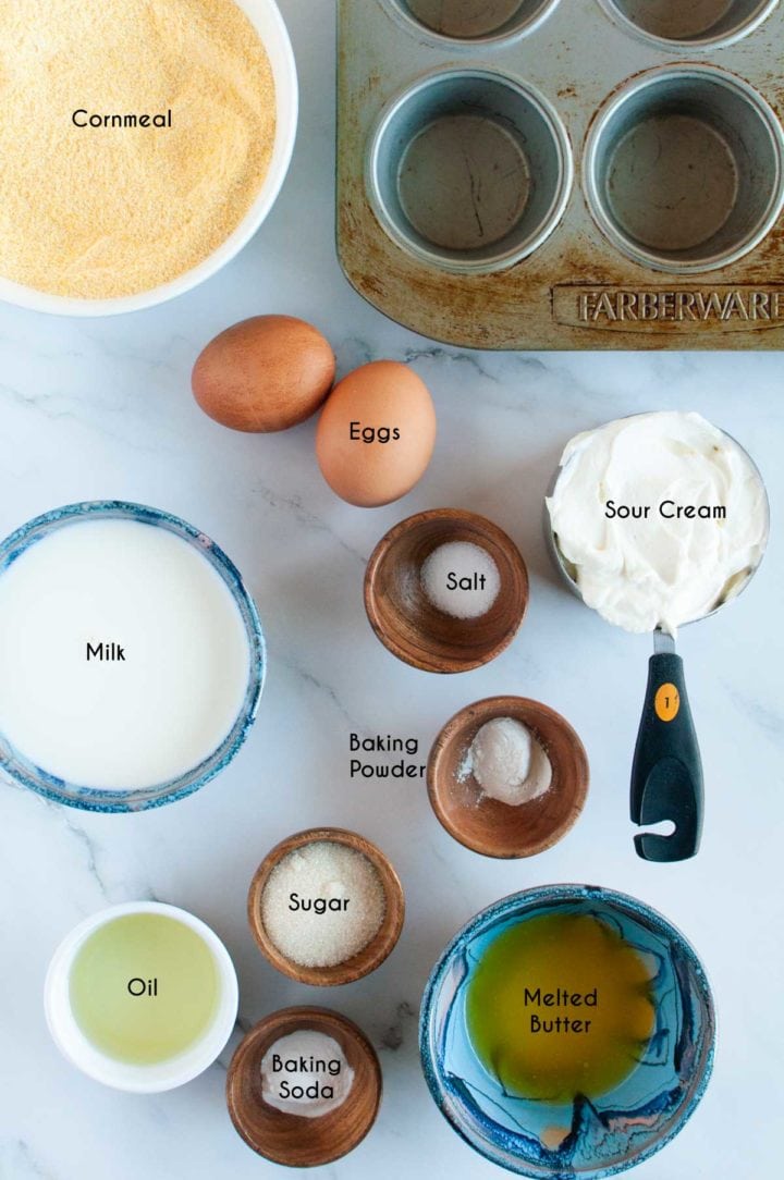 ingredients laid on on marble surface for flourless cornbread