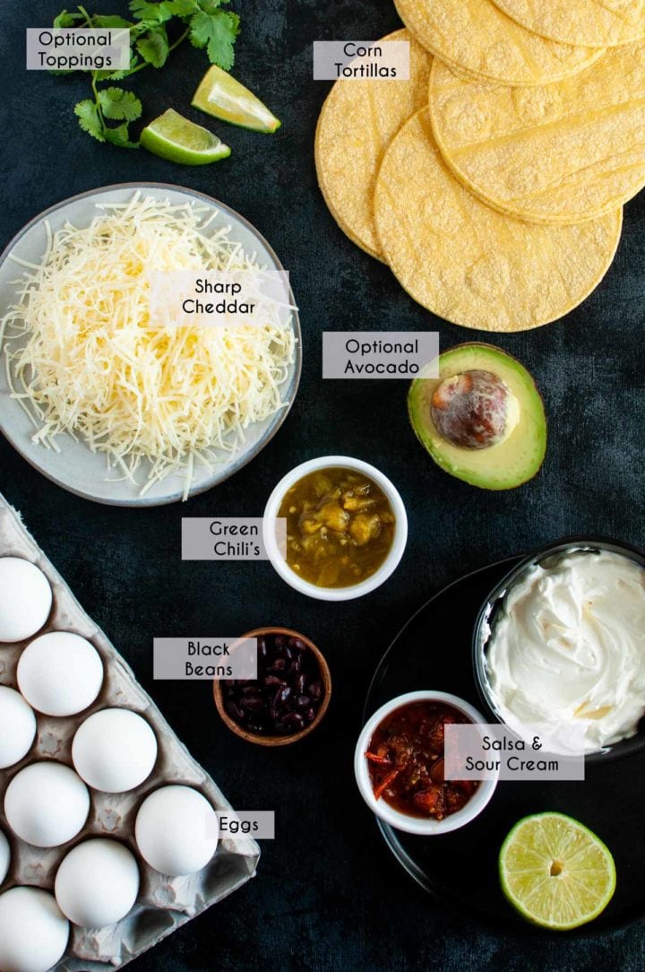 ingredients all layed out on display of what you need for the easy huevos rancheros recipe