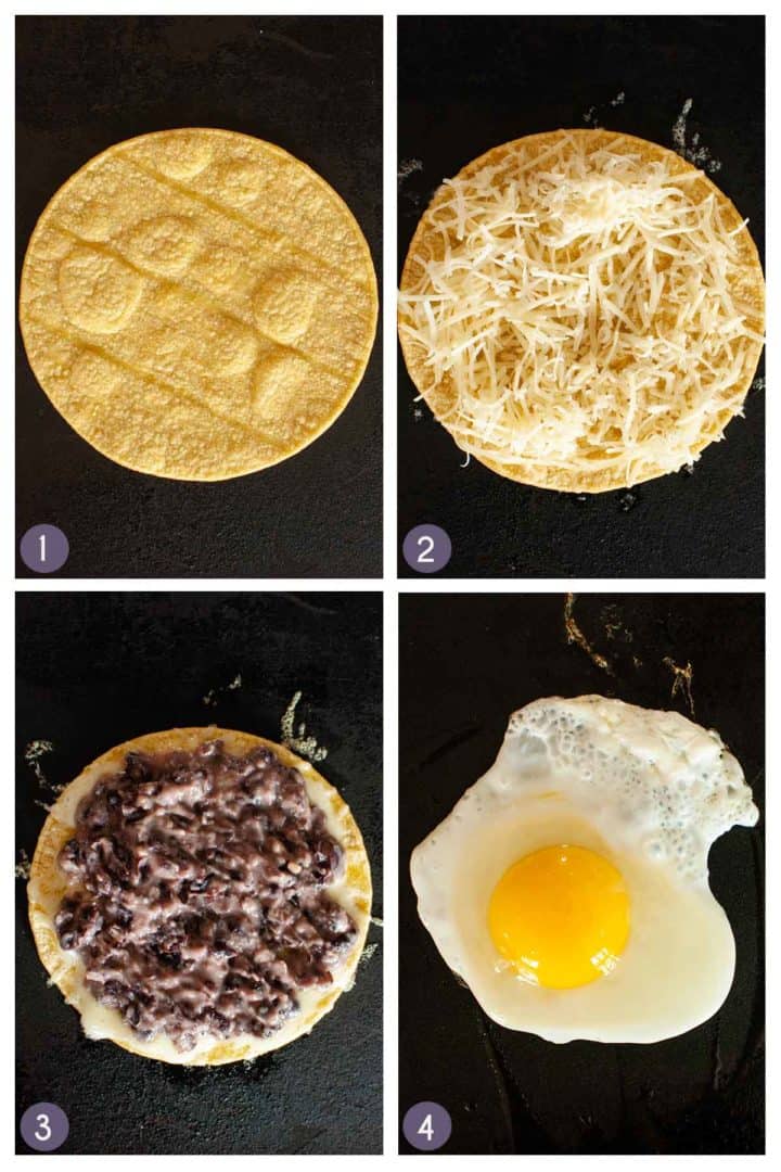 step photos for huevos rancheros, warming the tortilla, melting the cheese on the tortilla, adding beans and cooking the egg
