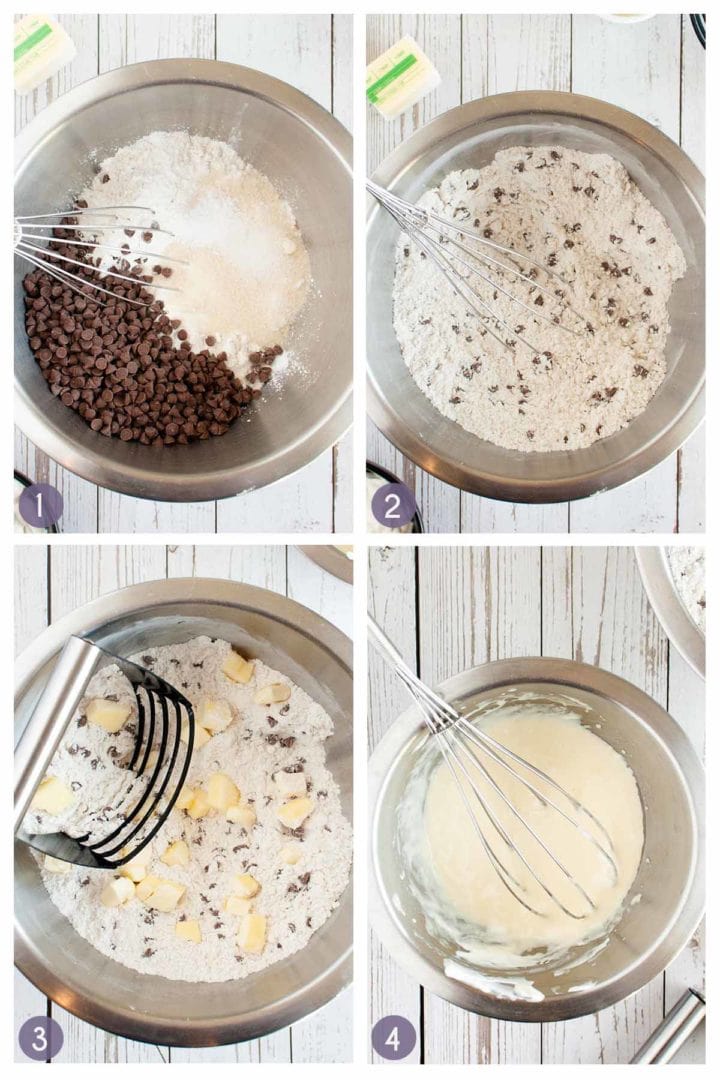 steps 1-4 of how to make cinnamon chip scones, mixing the dry ingredients, blending in the butter and mixing the wet ingredients