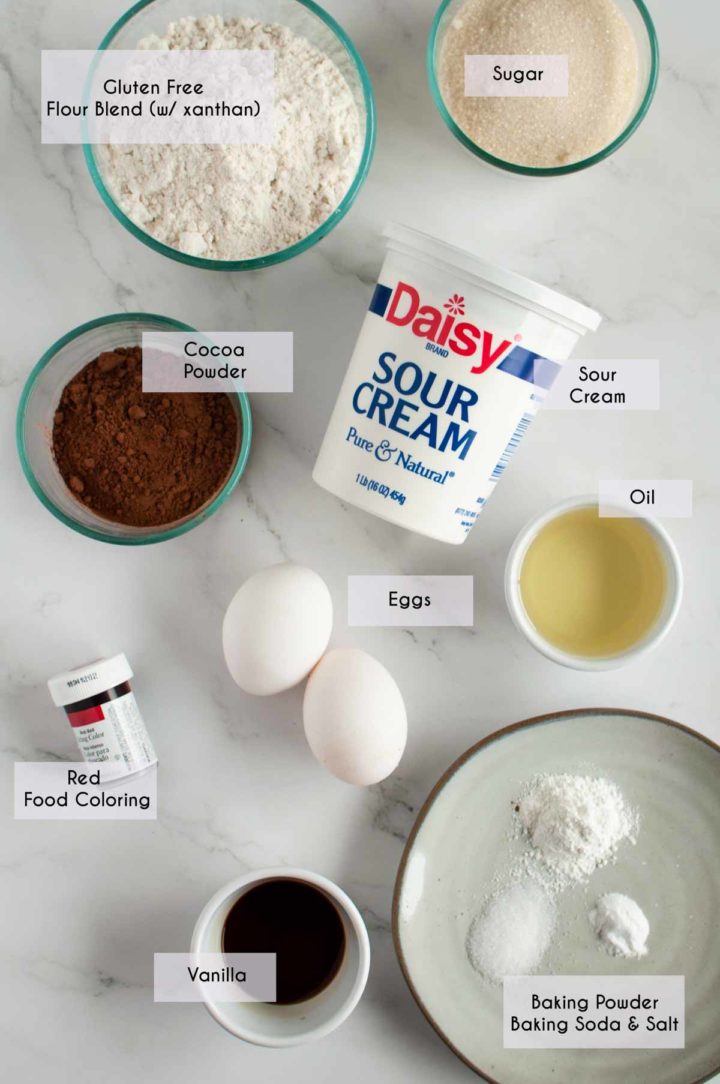 photo of ingredients needed for red velvet cupcakes