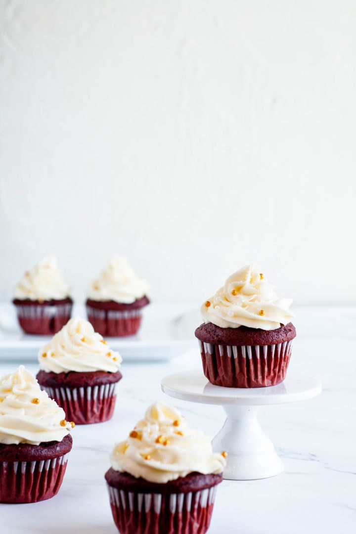 gluten free red velvet cupcakes displayed on marble surface ready for eating