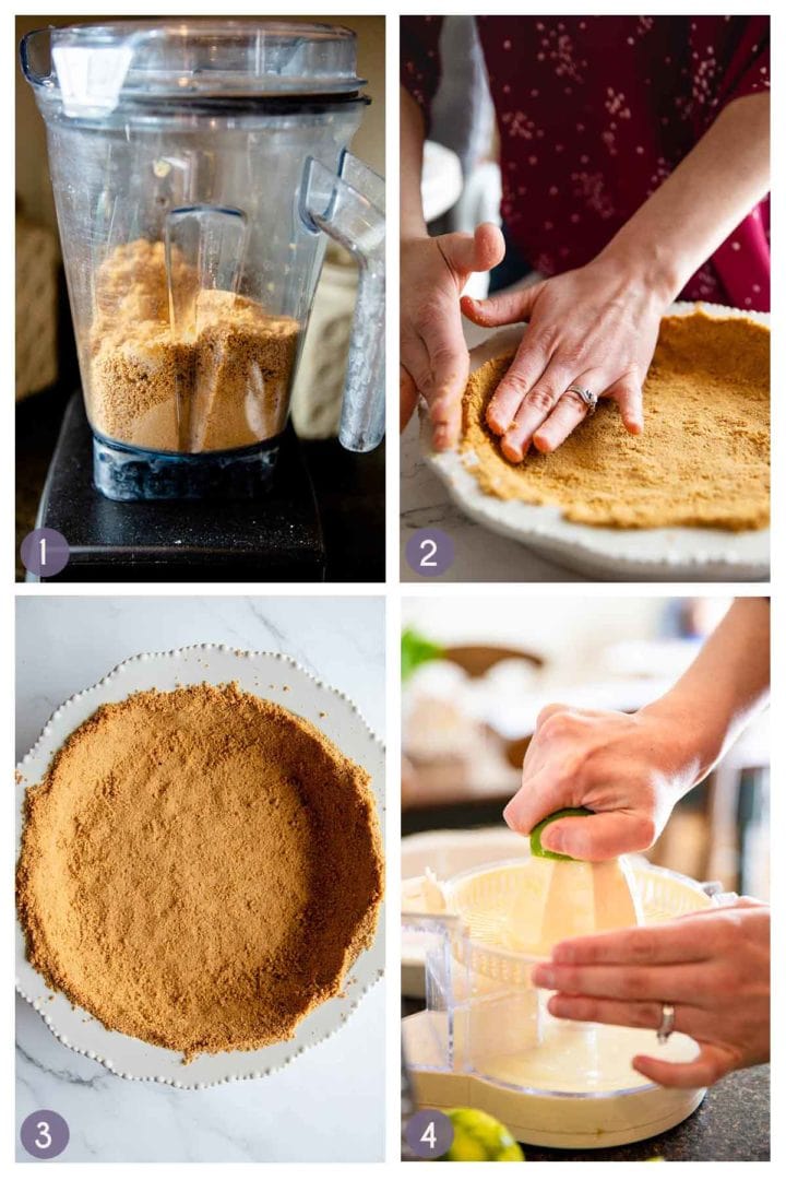 steps 1-4 of how to make key lime pie, and making the gluten free graham cracker crust