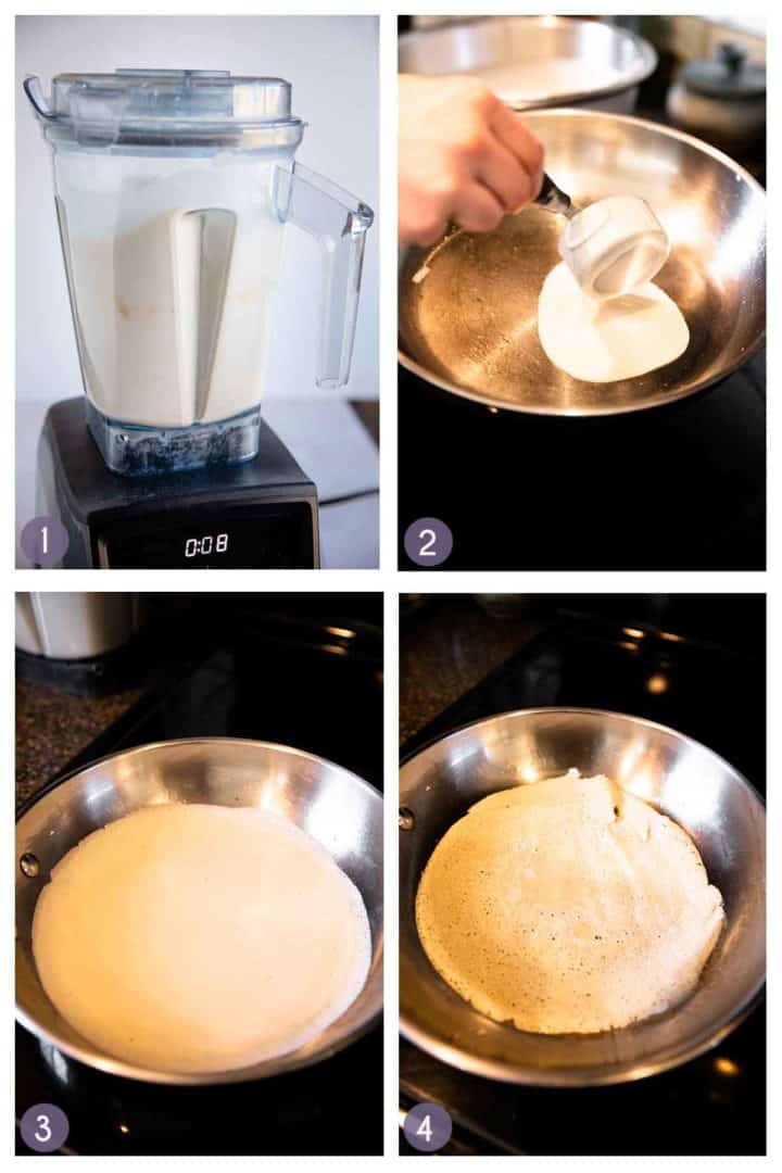 how to make gluten free crepes, mixing the batter in the blender, and stages of cooking the crepes