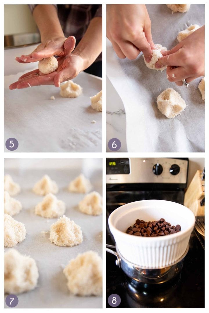 steps 5-8 of how to shape the coconut macaroons and melt the chocolate over a double boiler