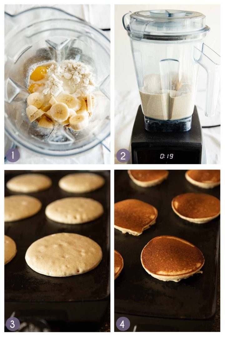 step photo collage for how to make blender oat pancakes, blend ingredients, then cooking the pancakes