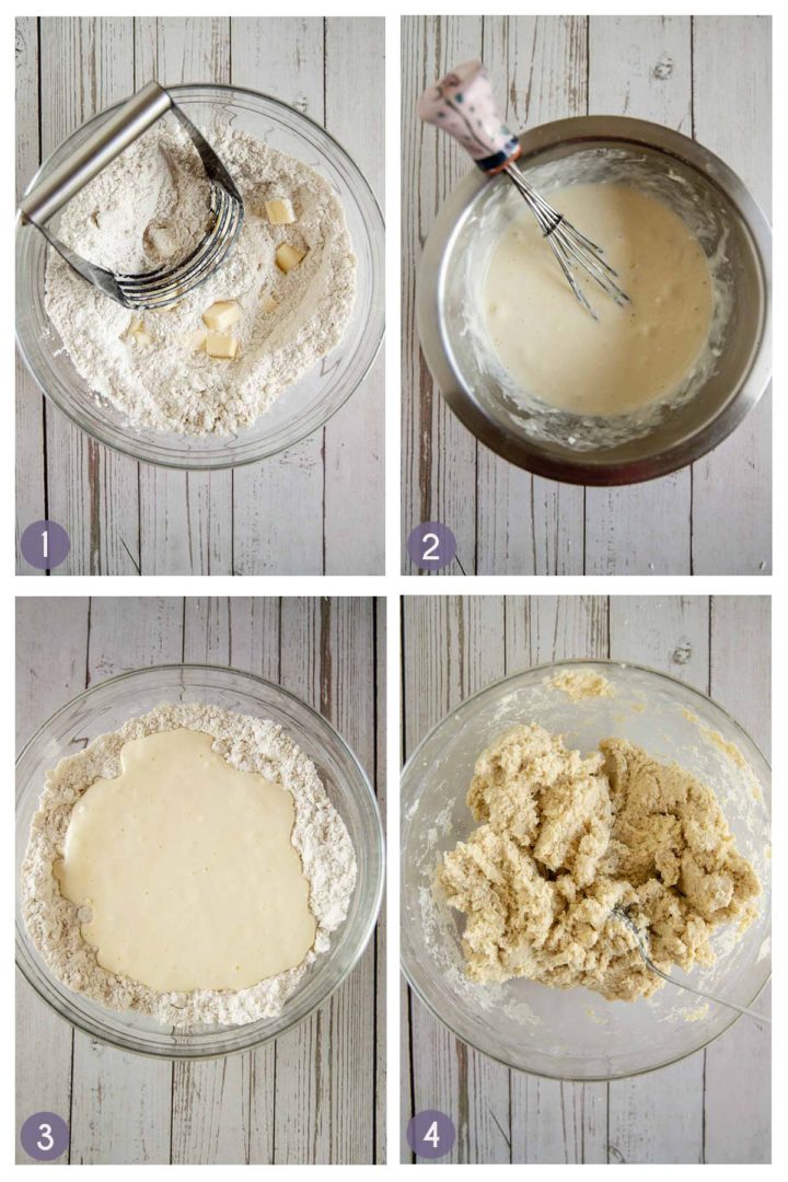 step photo collage for how to make gluten free biscuits, mixing dry ingredients and butter, mixing wet ingredients, combining the flour and liquid, and mixing the dough