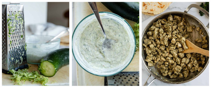steps for how to make tzatziki sauce and the chicken gyros. Grating the cucumber, mixing with yogurt and cooking the meat in a saucepan
