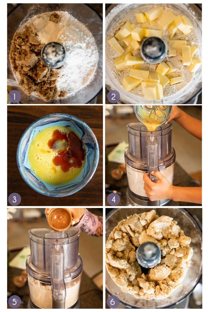 image collage of steps 1 through 6 for how to make the tart dough in a food processor