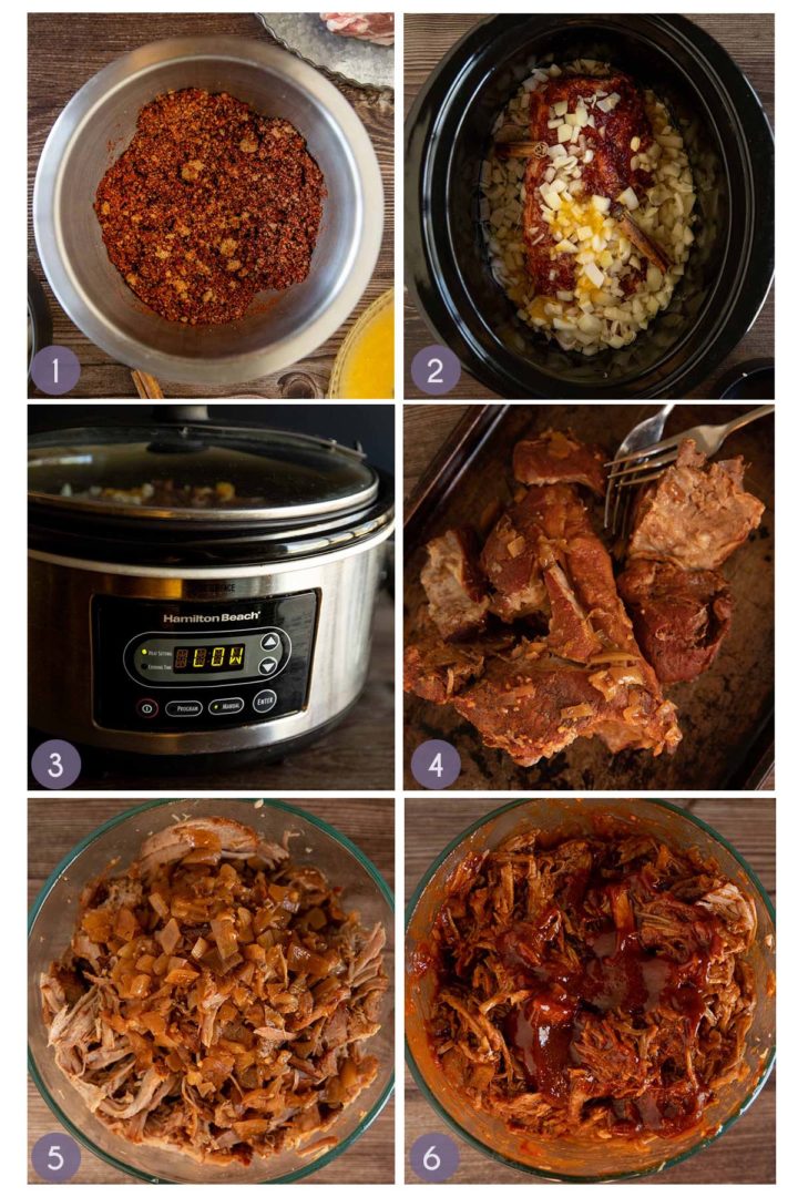 Steps for how to make slow-cooker-pulled pork: Mixing and applying spices, adding roast and remaining ingredients to slow cooker, shredding the meat and adding the barbecue sauce after cooking.