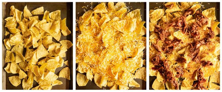 step photos for how to make shredded pork nachos, layering the chips, then the cheese and lastly the pulled pork